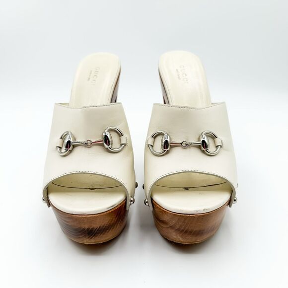 Gucci Horsebit White Mules Platform Leather Wooden Heels Sandals 38.5, 8.5 - Picture 4 of 15